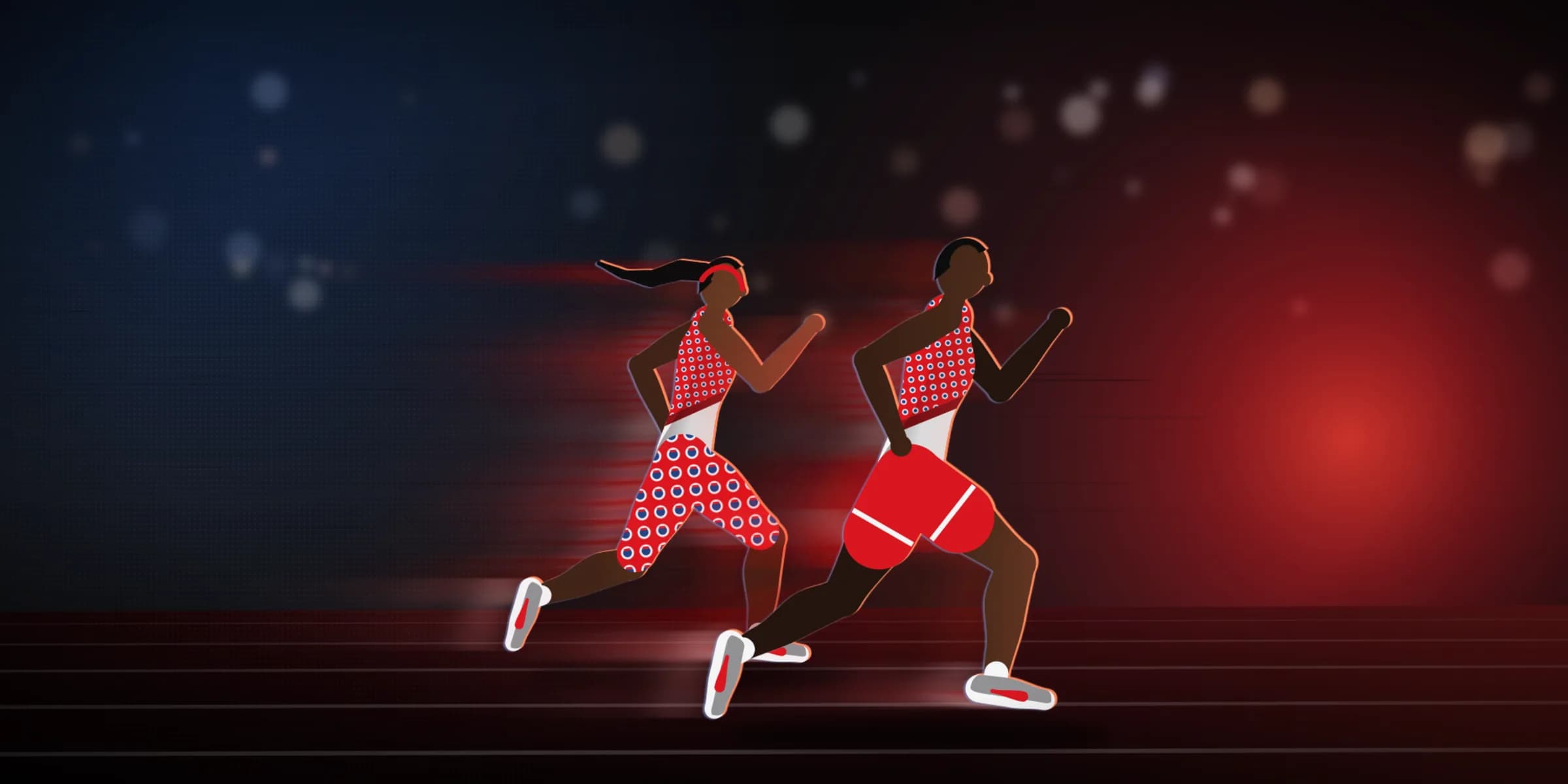 Two Cheetahs AC runners in the red club kit sprinting toward a red finish light